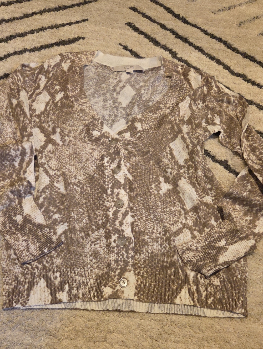 LOFT Taupe and Cream Snake-Print Button Cardigan